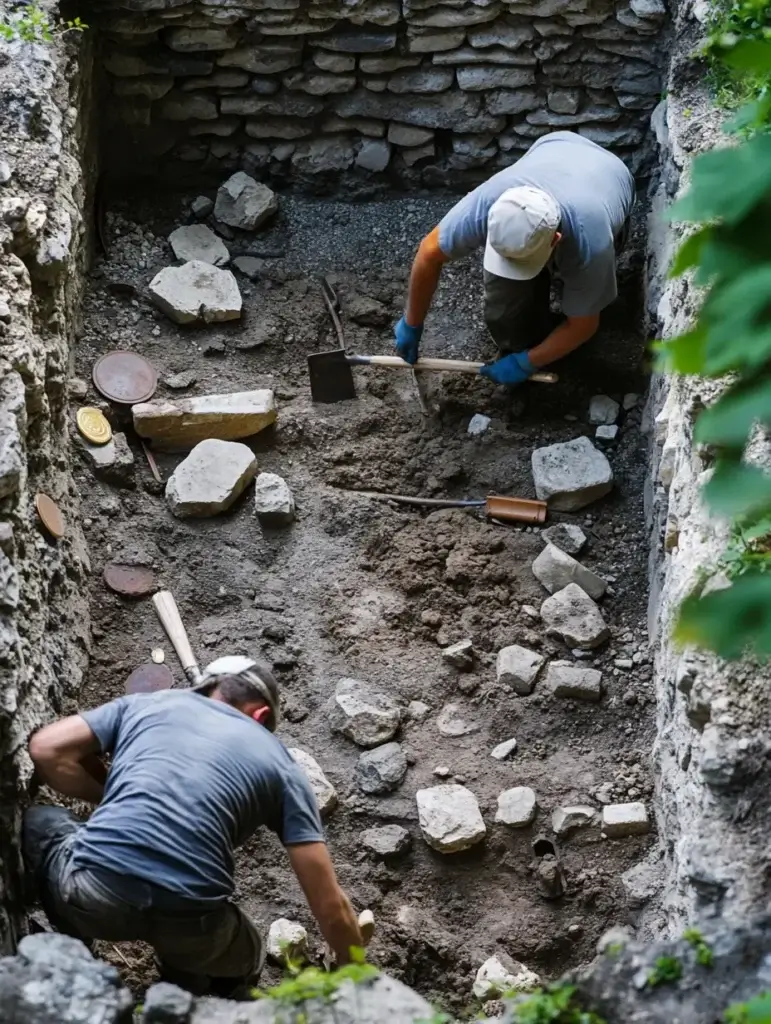 Archaeologists uncovering a Roman wall in Windisch, Switzerland, with artifacts in the background.