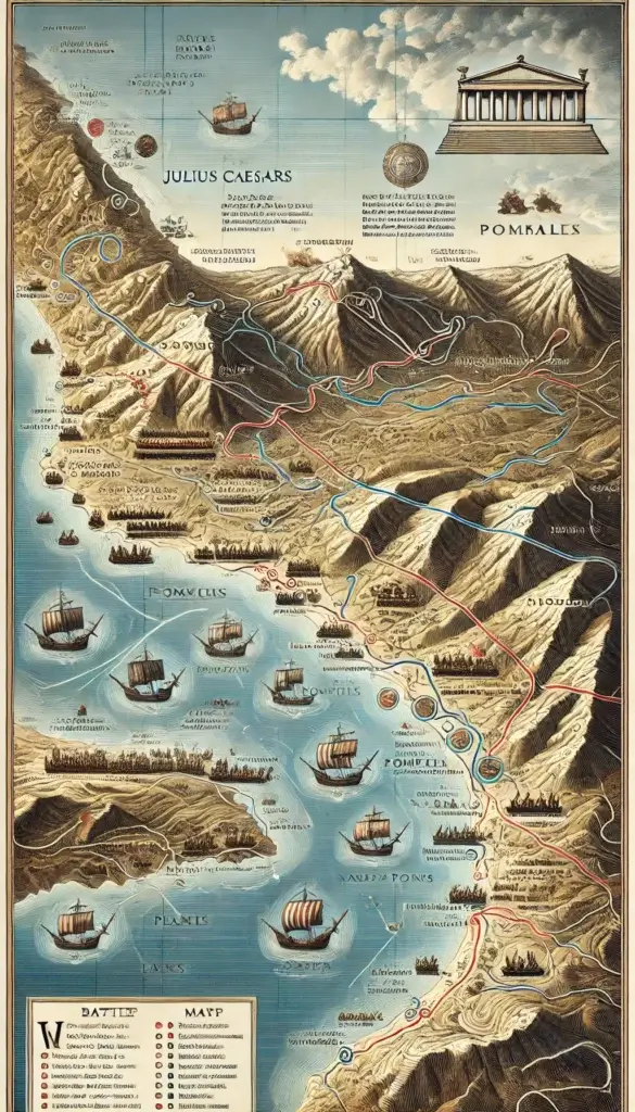 Detailed map showing the positions and troop movements of Julius Caesar's and Pompey the Great's forces during the Battle of Pharsalus in ancient Greece.