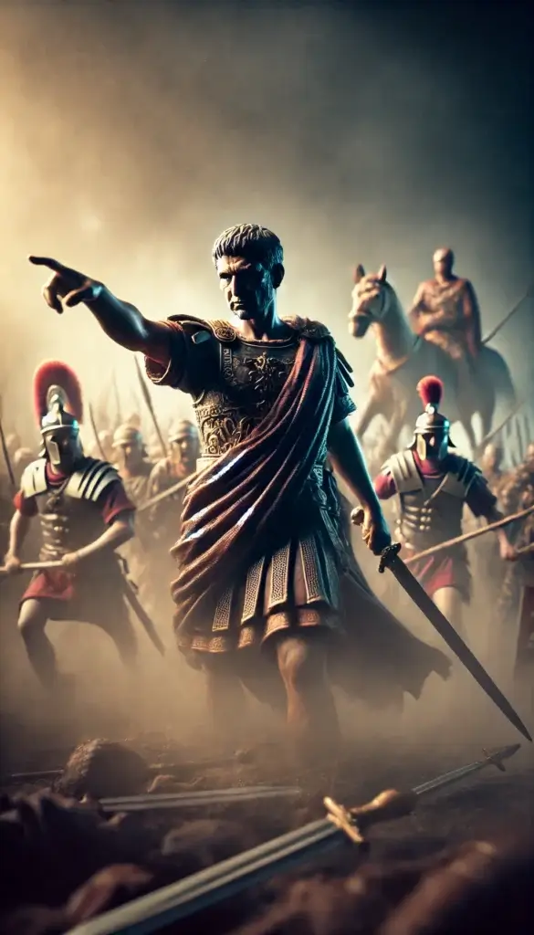 Artistic rendering of Julius Caesar commanding his troops with determination during the Battle of Pharsalus.