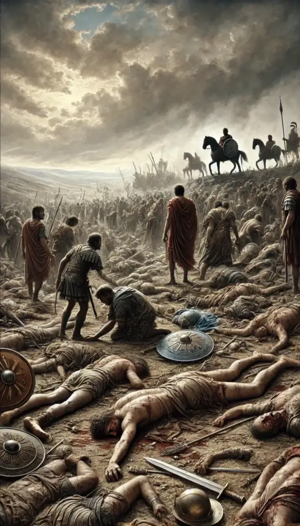 Depiction of the aftermath of the Battle of Pharsalus, showing a battlefield littered with fallen soldiers and Julius Caesar surveying the scene.