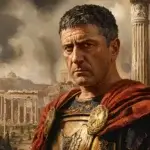 Portrait of Emperor Tiberius in Roman imperial attire, set against the Roman Forum, symbolizing his reign as Rome's second emperor.