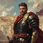 Portrait of Emperor Aurelian in Roman military armor, set against the city walls of Rome and scenes of his conquests, symbolizing his role as the restorer of the Roman Empire.