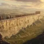 Roman Wall with soldiers patrolling the top, showcasing ancient engineering and military strategy amidst a rugged landscape.