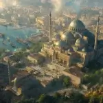 Ancient Constantinople with the Hagia Sophia, city walls, and bustling harbor at sunrise, symbolizing the jewel of the Roman Empire.